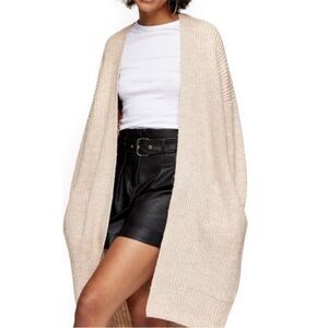 Topshop Beige Open-Front Ribbed Knit Cardigan Sweater for Women